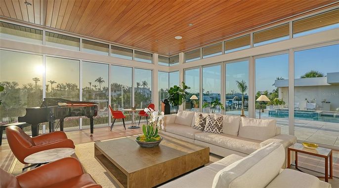 Interior, Living room, Piano, Recessed Lighting, Sun Room, Wooden Ceilings