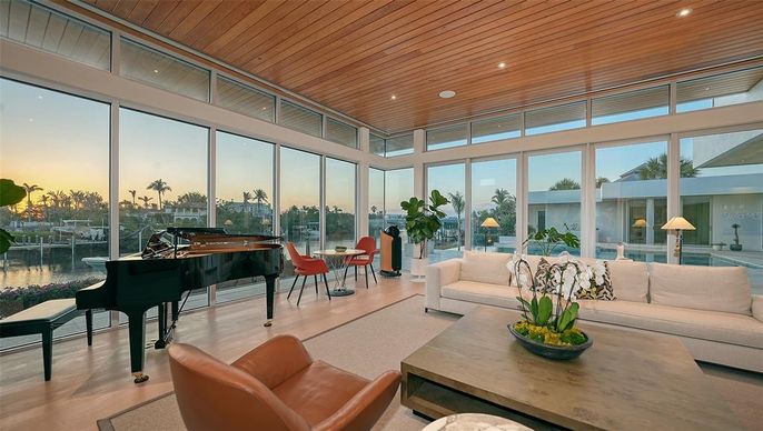 Interior, Living room, Piano, Recessed Lighting, Wooden Ceilings, Wood Texture Flooring