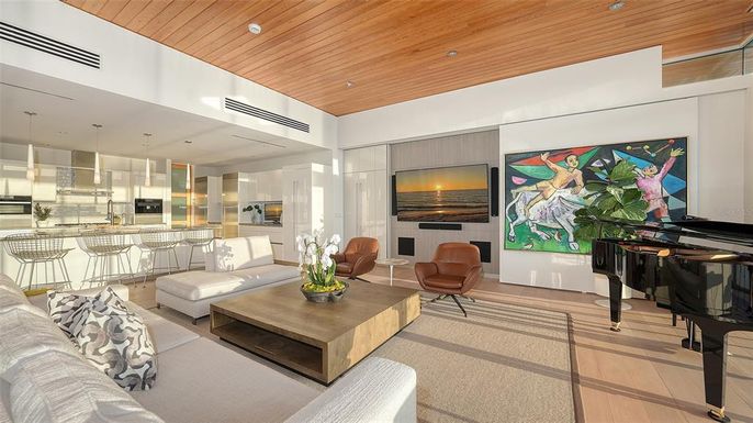 Interior, Living room, Pendant Lights, Piano, Recessed Lighting, Wooden Ceilings, Wood Texture Flooring