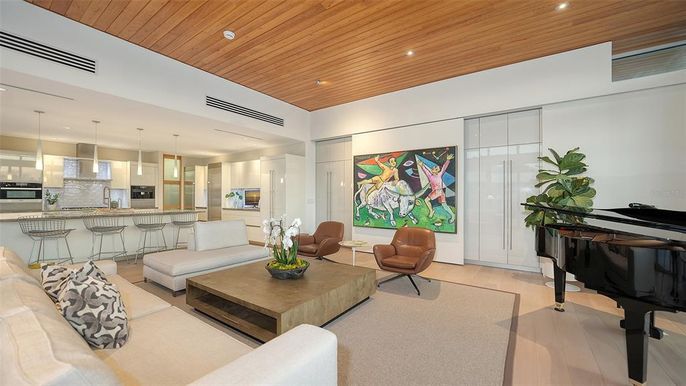 Interior, Kitchen, Living room, Pendant Lights, Piano, Recessed Lighting, Wooden Ceilings, Wood Texture Flooring