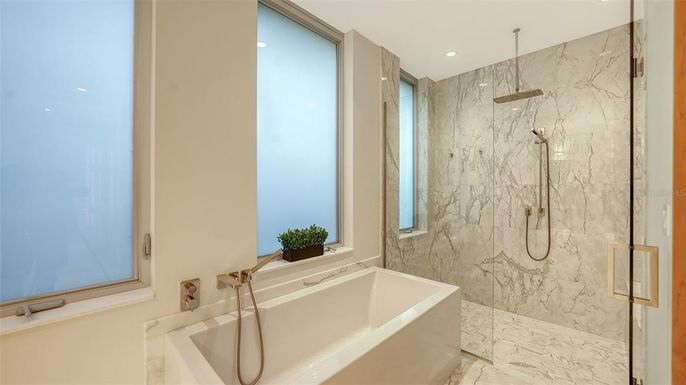 Bathroom, Glass Shower, Interior, Marble, Marble Walls, Recessed Lighting