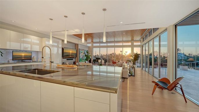Interior, Kitchen, Pendant Lights, Recessed Lighting, Stainless Steel Appliances, Wooden Ceilings, Wood Texture Flooring