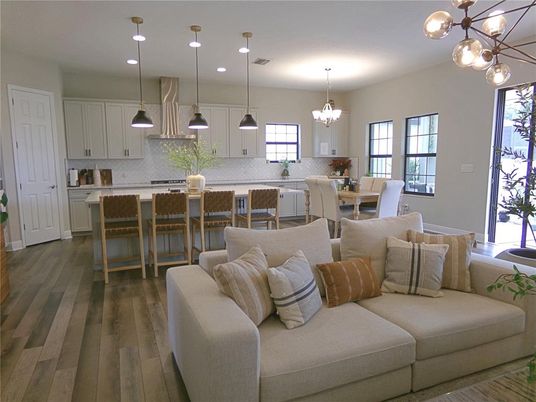Dining room, Interior, Kitchen, Living room, Pendant Lights, Recessed Lighting, Wood Texture Flooring
