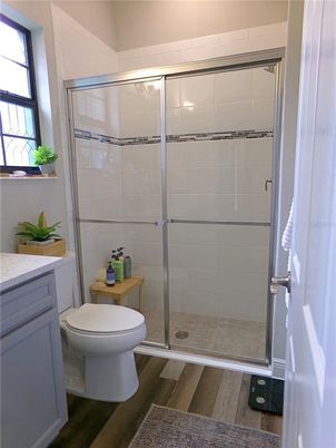 Bathroom, Glass Shower, Interior, Wood Texture Flooring