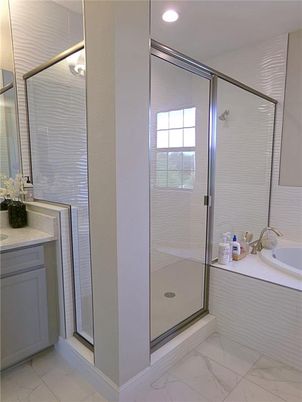 Bathroom, Glass Shower, Interior, Marble, Recessed Lighting