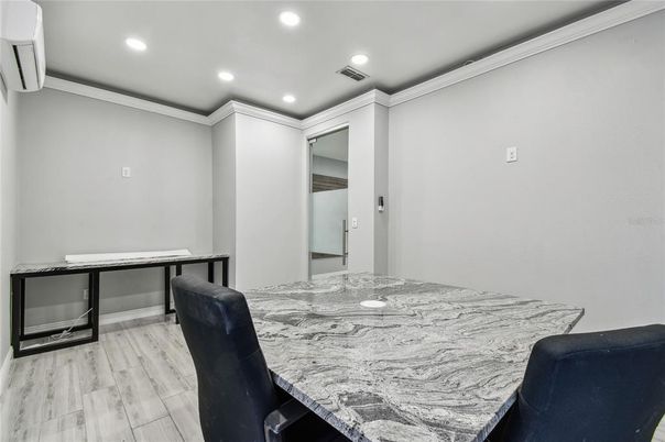 Dining room, Interior, Recessed Lighting, Wood Texture Flooring