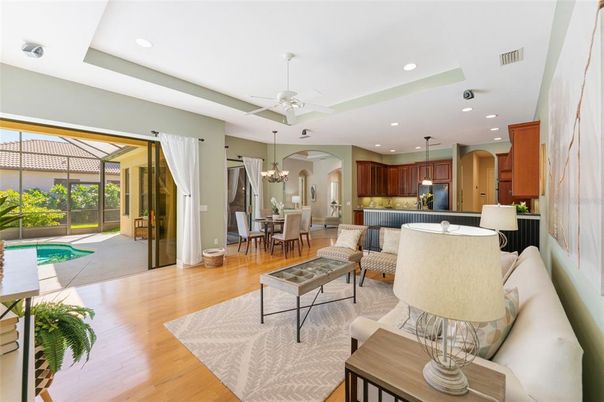 Chandelier, Dining room, Interior, Kitchen, Living room, Pendant Lights, Recessed Lighting, Wood Texture Flooring