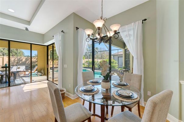 Chandelier, Dining room, Interior, Recessed Lighting, Wood Texture Flooring
