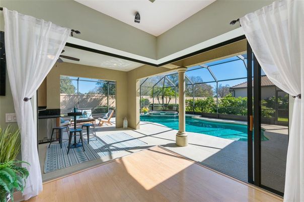 Dining room, Glass Ceilings, Interior, Pool, Sun Room, Wood Texture Flooring