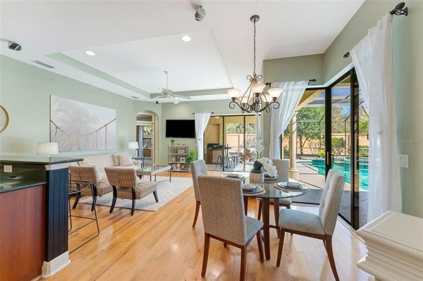 Chandelier, Dining room, Interior, Living room, Recessed Lighting, Wood Texture Flooring
