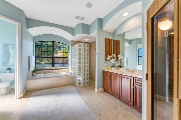 Bathroom, Dual Sink Vanities, Glass Shower, Interior, Recessed Lighting