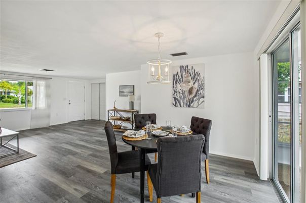 Dining room, Interior, Pendant Lights, Wood Texture Flooring