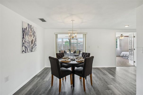 Dining room, Interior, Pendant Lights, Recessed Lighting, Wood Texture Flooring