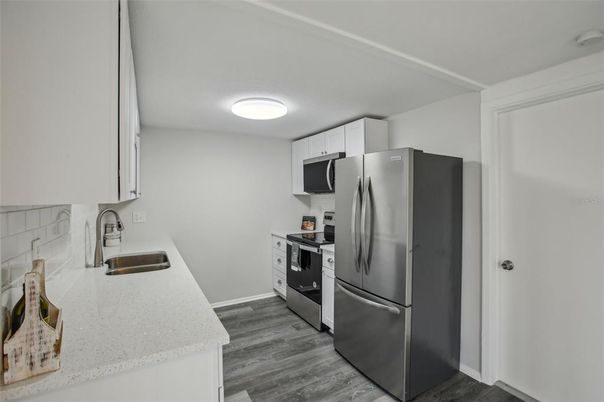 Interior, Kitchen, Stainless Steel Appliances, Wood Texture Flooring