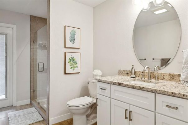 Bathroom, Glass Shower, Interior, Wood Texture Flooring