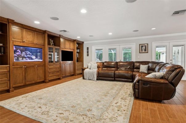 Interior, Living room, Recessed Lighting, Wood Texture Flooring