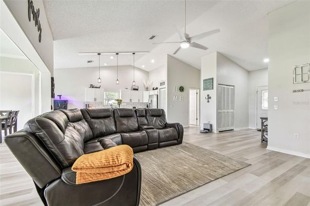 Interior, Kitchen, Living room, Pendant Lights, Recessed Lighting, Wood Texture Flooring