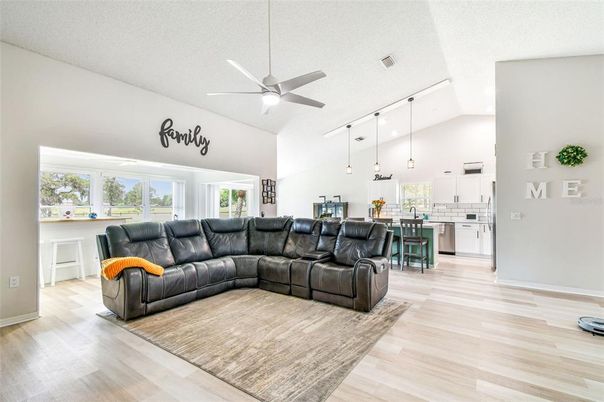 Interior, Kitchen, Living room, Pendant Lights, Wood Texture Flooring
