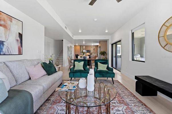 Dining room, Interior, Kitchen, Living room, Recessed Lighting, Stainless Steel Appliances, Wood Texture Flooring