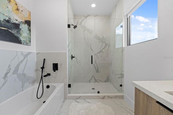 Bathroom, Glass Shower, Interior, Marble, Marble Walls, Recessed Lighting