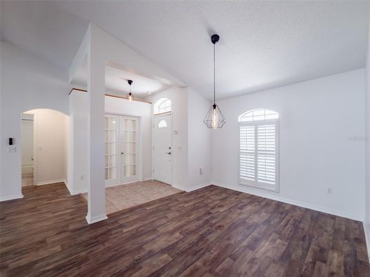 Empty room, Interior, Pendant Lights, Wood Texture Flooring