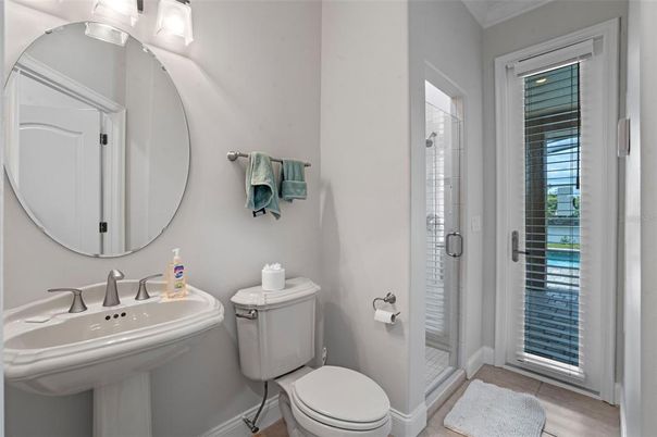 Bathroom, Glass Shower, Interior, Wood Texture Flooring