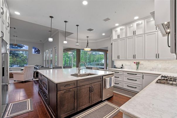 Interior, Kitchen, Living room, Pendant Lights, Recessed Lighting, Stainless Steel Appliances, Wood Texture Flooring