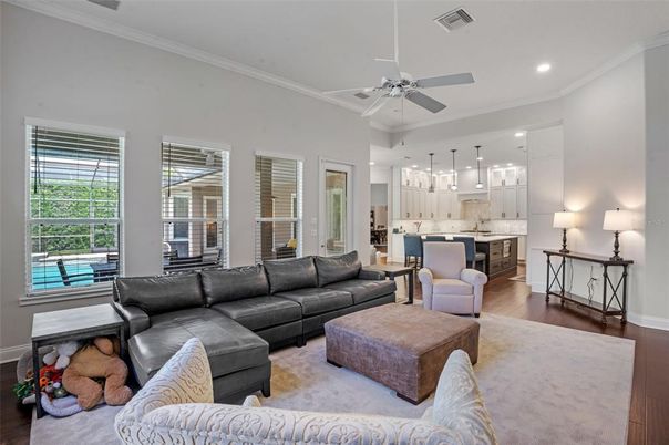 Interior, Kitchen, Living room, Pendant Lights, Recessed Lighting, Wood Texture Flooring