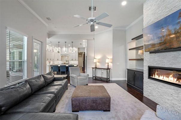 Fireplace, Interior, Kitchen, Living room, Pendant Lights, Recessed Lighting, Stone Walls, Wood Texture Flooring