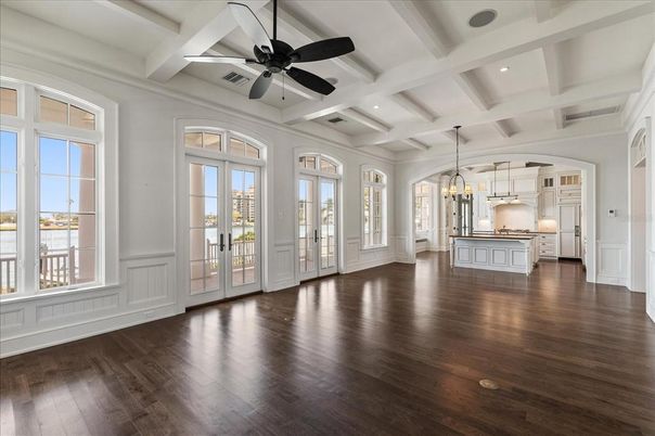 Empty room, Interior, Kitchen, Pendant Lights, Recessed Lighting, Wood Texture Flooring