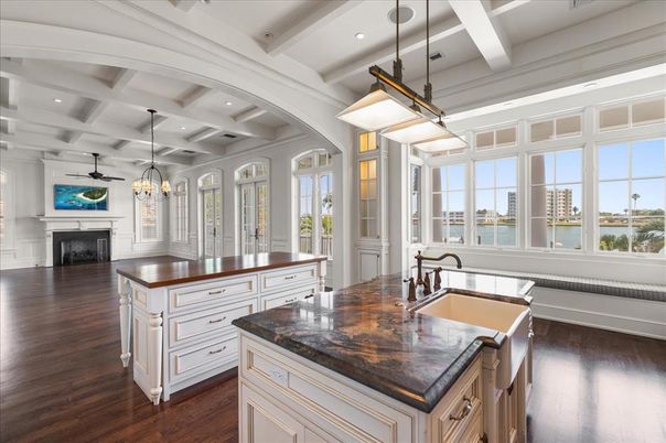 Fireplace, Interior, Kitchen, Pendant Lights, Recessed Lighting, Water, Wood Texture Flooring