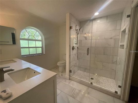 Bathroom, Glass Shower, Interior, Marble Walls, Recessed Lighting