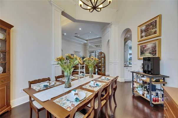 Chandelier, Dining room, Interior, Recessed Lighting, Wood Texture Flooring