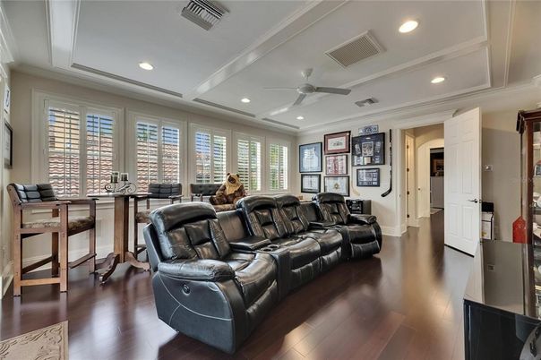 Home Theatre Room, Interior, Recessed Lighting, Theatre Room, Wood Texture Flooring