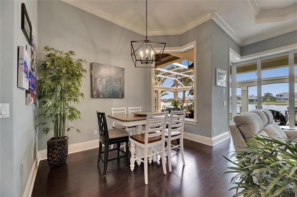 Dining room, Interior, Pendant Lights, Wood Texture Flooring