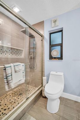 Bathroom, Glass Shower, Interior, Wood Texture Flooring