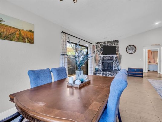 Dining room, Fireplace, Interior, Recessed Lighting, Wood Texture Flooring