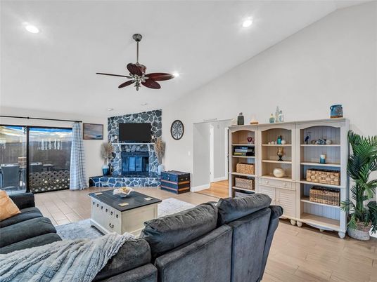Fireplace, Interior, Living room, Recessed Lighting, Wood Texture Flooring