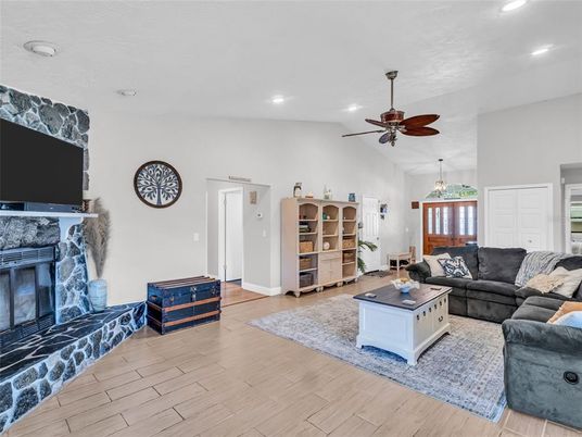 Fireplace, Interior, Living room, Pendant Lights, Recessed Lighting, Wood Texture Flooring