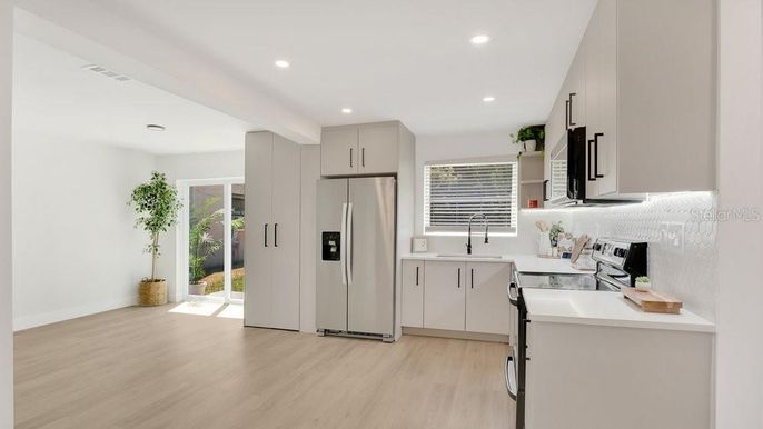 Interior, Kitchen, Recessed Lighting, Stainless Steel Appliances, Wood Texture Flooring
