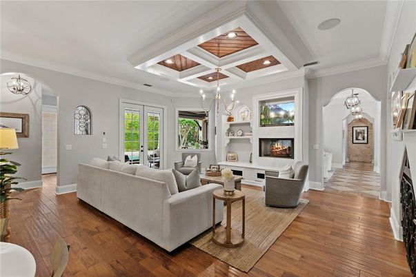 Fireplace, Interior, Living room, Pendant Lights, Recessed Lighting, Wood Texture Flooring