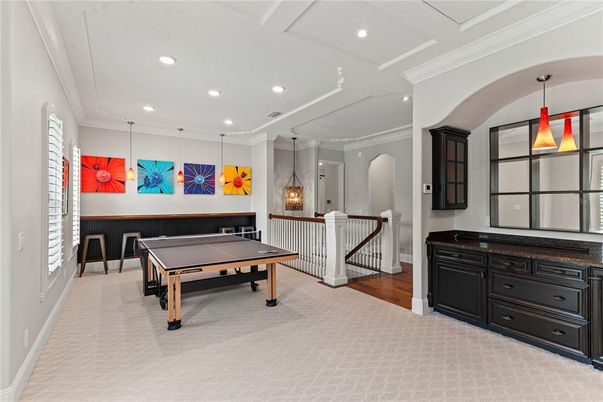 Billiard Table, Game Room, Interior, Pendant Lights, Recessed Lighting, Wood Texture Flooring