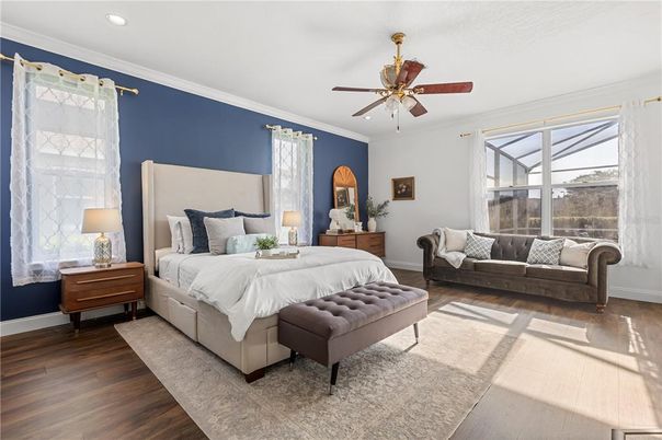 Bedroom, Interior, Recessed Lighting, Wood Texture Flooring