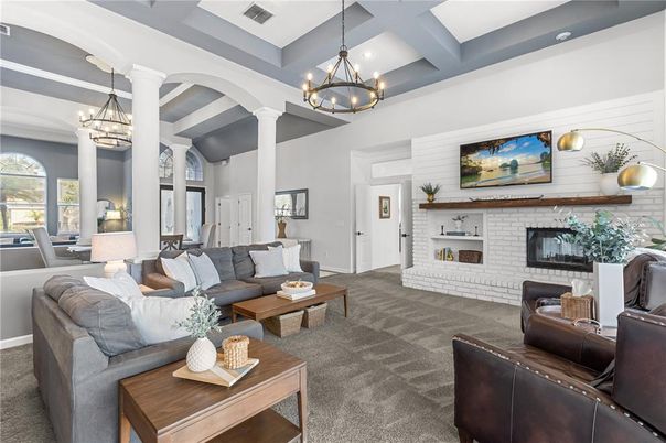 Chandelier, Dining room, Fireplace, Interior, Living room, Pendant Lights, Recessed Lighting
