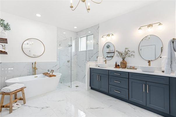 Bathroom, Dual Sink Vanities, Free Standing Baths, Glass Shower, Interior, Marble, Marble Walls, Recessed Lighting