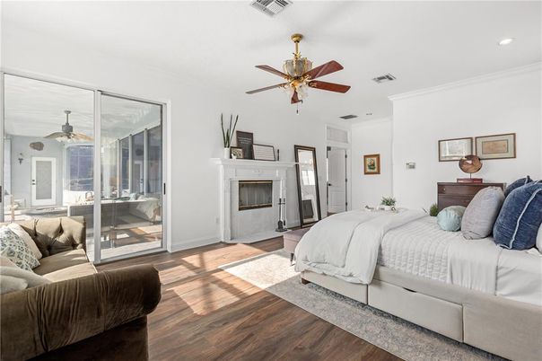 Bedroom, Fireplace, Interior, Recessed Lighting, Wood Texture Flooring