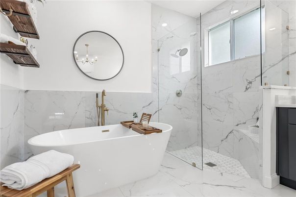 Bathroom, Free Standing Baths, Glass Shower, Interior, Marble, Marble Walls, Recessed Lighting