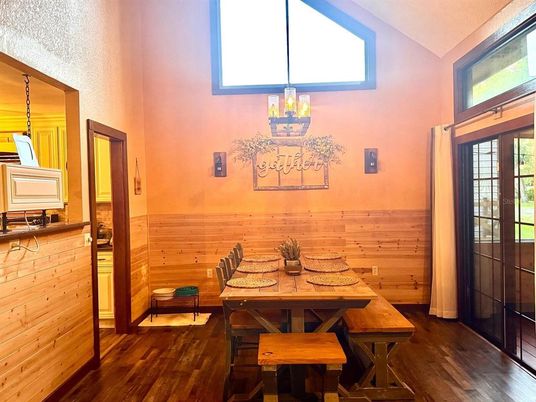 Dining room, Interior, Wood Texture Flooring, Wooden Walls