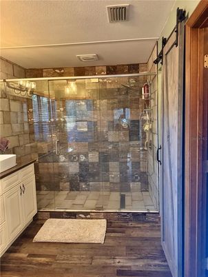 Bathroom, Glass Shower, Interior, Wood Texture Flooring