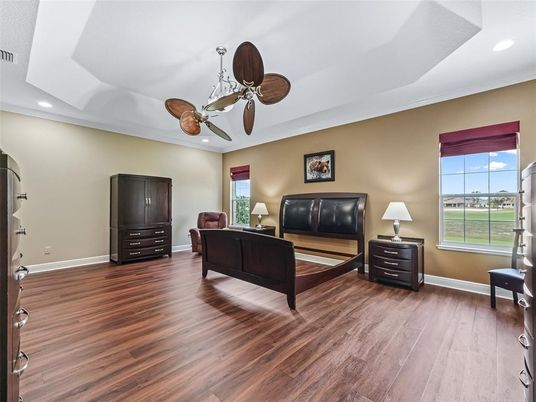Bedroom, Interior, Recessed Lighting, Wood Texture Flooring